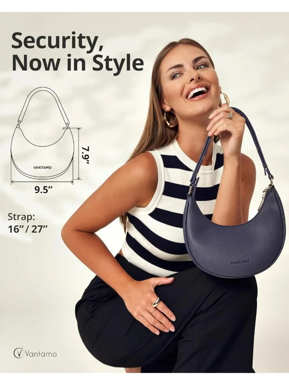 Vantamo Women's Bag Navy Half Moon Clutch with Anti-Theft Clip for Extra Safety
